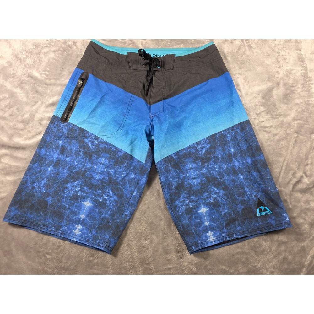 Pelagic Pinacol Boardshorts Mens 32 Blue Black Geometric Fishing Swim‎ Trunks